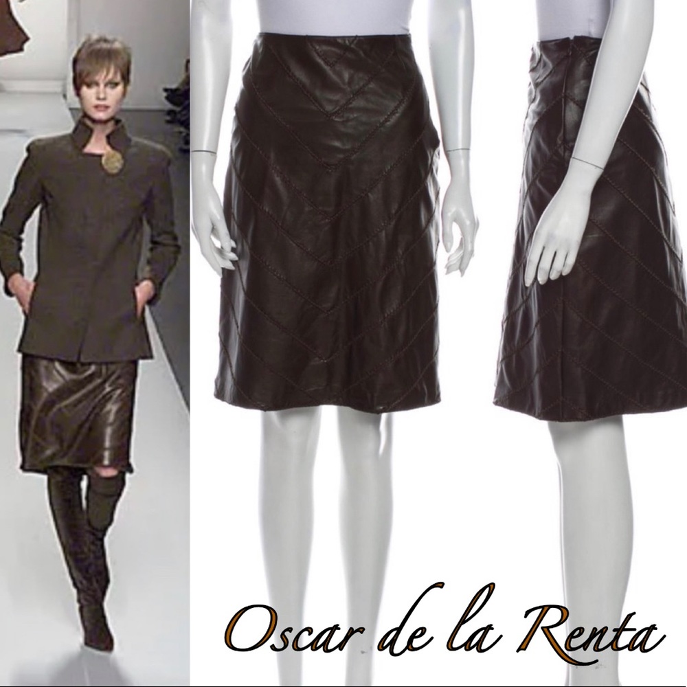 🚫SOLD🚫 Oscar de la Renta Chocolate Leather Chevron Skirt